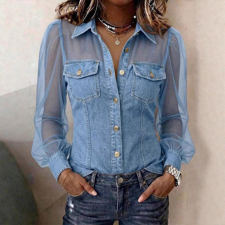 Lara | Bluse in Denimoptik mit transparenten Ärmeln