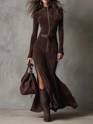 Claudia | Langes braunes Kleid mit Gürtel