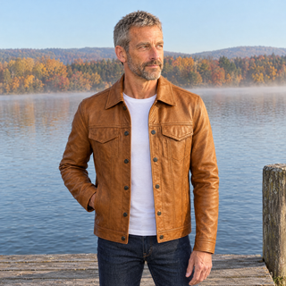 CAMDEN Jacke in Lederoptik in Braun, getragen am See