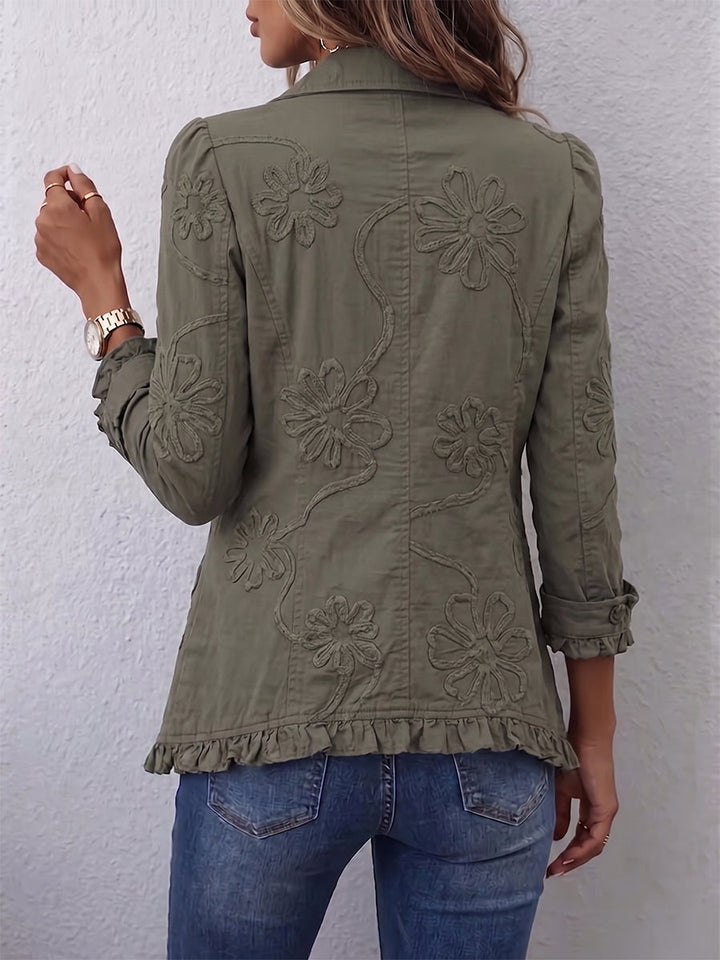 Alessandra Boho-Jacke mit Blumenstickerei in Olivgrün, Rückansicht