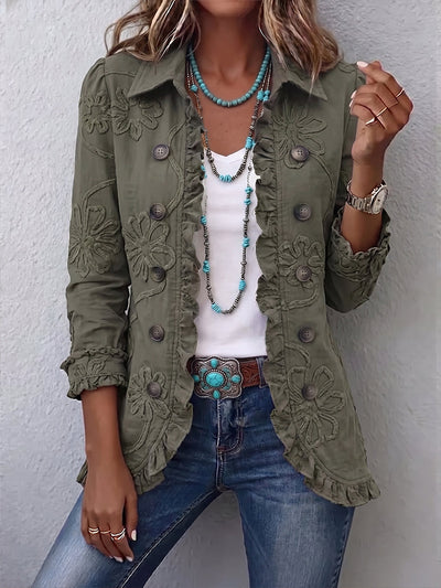 Alessandra | Boho-Chic-Jacke mit Blumenstickerei in Olivgrün mit Rüschen