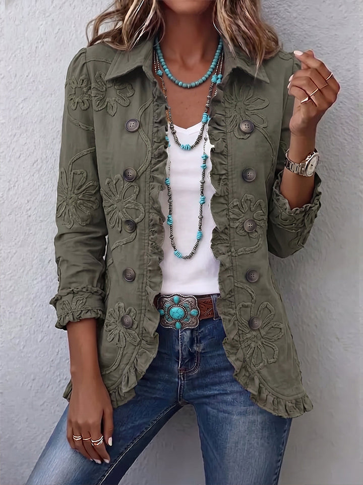 Alessandra Boho-Jacke mit Blumenstickerei in Olivgrün, Vorderansicht